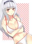  bad_id bad_pixiv_id banned_artist bikini breast_squeeze breasts cleavage crossed_arms frown hairband idolmaster idolmaster_(classic) large_breasts long_hair miyabi_(reef) red_eyes shijou_takane silver_hair solo swimsuit 