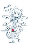  :p bow candy censored cirno food hair_bow lollipop monochrome no_panties novelty_censor short_hair sitting smile solo sonson_(eleven) spot_color tongue tongue_out touhou 