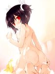  anus ass black_hair censored flat_chest from_behind hair_ornament kneeling kurasuke looking_back mosaic_censoring nipples nude original pussy red_eyes short_twintails smile soap_bubbles soapy solo towel twintails 