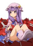  :o blush book boots capelet crescent dress hair_ribbon hat looking_away no_panties patchouli_knowledge purple_eyes purple_hair ribbon sitting solo striped striped_dress touhou ukami 