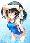 black_hair bosshi breasts competition_swimsuit covered_nipples looking_at_viewer medium_breasts mizuno one-piece_swimsuit original red_eyes short_hair solo swimsuit twintails water wet yu_(bosshi) 