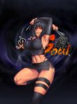  agnidevi armpits black_hair breasts character_request covered_nipples detached_sleeves gloves glowing glowing_eyes grin halter_top halterneck highleg highleg_panties highres knife large_breasts miniskirt onimusha_soul panties pantyshot short_hair skirt smile solo underwear 