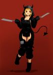  absurdres apron blonde_hair boots breasts chaps cleavage demon_tail dorohedoro dual_wielding full_body highres holding hood horns long_hair medium_breasts nikaidou_(dorohedoro) red_background red_eyes simple_background smile solo spatula standing standing_on_one_leg tail toliuchi 