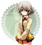  accel_world am_(blackant) bad_id bad_pixiv_id bag bow bowtie checkered checkered_skirt grey_hair kusakabe_rin pleated_skirt purple_eyes school_uniform short_hair skirt skull solo 