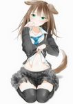  animal_ears bad_id bad_pixiv_id black_legwear blush brown_hair cardigan dog_ears dog_tail green_eyes idolmaster idolmaster_cinderella_girls jewelry long_hair midriff navel necklace necktie paw_pose shibuya_rin shirt_lift simple_background sitting skindentation skirt solo tail thighhighs wariza white_background yamada_ranga 