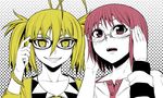  antenna_hair arachnid_(series) blonde_hair blush bob_cut eyebrows fujii_alice glasses gokiburi_(arachnid) hands_on_own_face ifuji_shinsen multiple_girls short_hair simple_background smile thick_eyebrows twintails upper_body yellow_eyes 