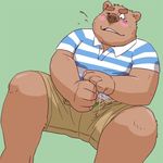  blush clothed clothing fur green_background grizzly_bear leoponstar male mammal masturbation one_eye_closed overweight plain_background precum sitting solo 