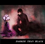  1girl black_hair copyright_name darker_than_black dress gloves hair_ribbon hei letterboxed long_coat mablex one_knee ponytail purple_dress purple_eyes ribbon short_hair silver_hair sitting wariza yin 