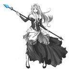  absurdres alternate_costume anonymous_drawfag bare_shoulders bustier detached_sleeves dress gown gwendolyn hair_down hair_ornament highres long_dress long_hair monochrome odin_sphere polearm solo spear spot_color strapless strapless_dress weapon 