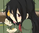  1girl black_hair casual egg food henoeno kanenaga kurokami-senpai_(kanenaga) long_hair one_eye_closed original red_eyes ribbon sexually_suggestive solo wink 