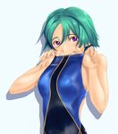  aqua_hair bad_id bad_pixiv_id breasts competition_swimsuit large_breasts looking_at_viewer nipples one-piece_swimsuit original shadow shoko_(moccom) short_hair skindentation smile solo speedo_(company) swimsuit swimsuit_pull 