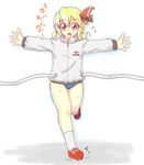  alternate_hairstyle blonde_hair breath buruma hair_ribbon jacket open_mouth outstretched_arms red_eyes ribbon rokuna67 rumia running short_twintails socks solo spread_arms tape touhou track_and_field track_jacket twintails white_legwear 