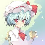  :o ascot bad_id bad_pixiv_id blue_hair blush chair cup face hage hat looking_at_viewer open_mouth pinky_out red_eyes remilia_scarlet short_hair sitting solo teacup touhou tsurime upper_body yanagi_yuu 