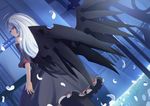  black_legwear copyright_request dress looking_at_viewer night original pantyhose red_eyes rouzille solo white_hair wings 
