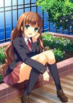  black_legwear blazer brown_hair chin_rest flower flower_bed green_eyes jacket kneehighs loafers long_hair mochiko_(mochiko3121) neck_ribbon ocean open_mouth original outdoors railing red_ribbon ribbon shoes sitting skirt socks solo wooden_floor 