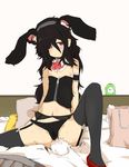  1girl animal_ears bed black_hair blush breasts bunny_ears bunny_tail bunnysuit clock henoeno high_heels kanenaga kurokami-senpai_(kanenaga) legwear long_hair messy_hair nipples original pixiv_manga_sample red_eyes ribbon shoes skirt small_breasts solo stockings tail thighhighs 