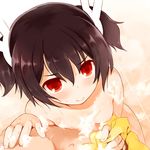  black_hair breasts closed_mouth face hair_ornament kurasuke nipples nude original red_eyes short_hair small_breasts smile soap_bubbles soapy solo towel twintails washing_back 