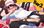  bag biting black_legwear blue_eyes blush breasts brown_hair covered_nipples double_bun finger_biting imazon long_hair looking_at_viewer lying mei_(pokemon) panties pantyhose pillow poke_ball pokemon pokemon_(game) pokemon_bw2 raglan_sleeves shoes small_breasts solo torn_clothes torn_legwear twintails underwear visor_cap white_panties 