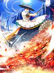  bird blue_hair character_name cloud colorful copyright_name feathers fire food fruit hat highres hinanawi_tenshi long_hair open_mouth peach red_eyes siirakannu smile solo sun sword_of_hisou touhou weapon 