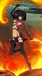  black_hair bottomless dark_skin elf fire glasses highres navel navel_piercing original piercing pointy_ears purple_eyes rouzille solo tattoo twintails 