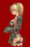  apron armor ass blonde_hair breasts cleavage dorohedoro elbow_gloves from_side gloves horns large_breasts long_hair mablex nikaidou_(dorohedoro) no_panties ponytail red_eyes sideboob simple_background solo tail twisted_torso 
