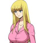  akimoto_katherine_reiko blonde_hair blue_eyes breasts cleavage hairu kochikame large_breasts long_hair lowres pink_shirt shirt simple_background smile solo 