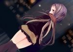  black_legwear blurry brown_eyes coat depth_of_field dutch_angle itou_nanami long_hair looking_back original sagiko scarf silver_hair skirt solo thighhighs 