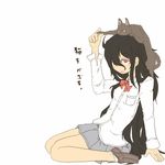  1girl animal animal_on_head black_hair cat hair_over_one_eye henoeno kanenaga kurokami-senpai_(kanenaga) messy_hair open_mouth original pixiv_manga_sample red_eyes resized simple_background sitting skirt solo translated translation_request white_background 