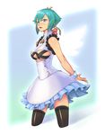  aquarion_(series) aquarion_evol bare_shoulders blue_eyes breastless_clothes breasts covered_nipples dress green_hair highres masn_(moxi) medium_breasts revealing_clothes solo thighhighs zessica_wong 