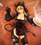  apron blonde_hair breasts chaps cleavage demon_tail dorohedoro dumpling elbow_gloves food gloves hood horns jiaozi large_breasts long_hair nikaidou_(dorohedoro) no_bra open_mouth red_eyes smile solo spatula tail zoosama 