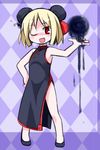  blonde_hair china_dress chinese_clothes darkness double_bun dress fang flats hand_on_hip kugelschreiber one_eye_closed red_eyes rumia short_hair solo touhou 