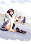  barefoot brown_eyes brown_hair edih feet full_body grin loafers original pleated_skirt removing_sock school_uniform shoes shoes_removed single_sock sitting skirt smile socks solo undressing 