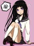  arm_support black_hair blush chitanda_eru highres hyouka nurie open_mouth purple_eyes school_uniform simple_background sitting solo squiggle thighs 