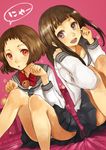  bell black_hair brown_hair chitanda_eru danann hyouka ibara_mayaka jingle_bell legs long_hair long_legs multiple_girls open_mouth paw_pose purple_eyes red_eyes school_uniform short_hair sitting skirt 