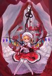  bed blonde_hair bow canopy_bed elbow_gloves embellished_costume flandre_scarlet flower fom_(lifotai) gloves hat highres laevatein light_smile red_eyes rose short_hair side_ponytail solo thighhighs touhou white_gloves white_legwear wings 