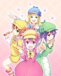  bad_id bad_pixiv_id bow capelet cordelia_glauca deerstalker gradient gradient_background green_capelet halftone halftone_background hat hercule_barton looking_at_viewer multiple_girls pink_bow pointing pointing_at_viewer sakusaku sherlock_shellingford tantei_opera_milky_holmes yuzurizaki_nero 