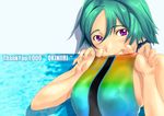  aqua_hair bad_id bad_pixiv_id breasts competition_swimsuit large_breasts looking_at_viewer nipples one-piece_swimsuit original shadow shoko_(moccom) short_hair skindentation smile solo speedo_(company) swimsuit swimsuit_pull thank_you 