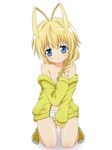  antenna_hair blonde_hair blue_eyes blush bow braid briefs covering hair_bow haiyore!_nyaruko-san hastur_(nyaruko-san) highres kneeling long_hair male_focus otoko_no_ko pikuharu ponytail solo underwear undressing white_briefs 