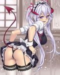  ass bent_over breasts butt_crack demon_girl demon_tail garter_straps horns houtengeki large_breasts lavender_hair leaning_forward long_hair looking_back maid maid_headdress original panties purple_eyes smile solo tail tail_slit_clothes thighhighs thong twintails underwear white_legwear wrist_cuffs 
