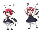  :d alternate_costume alternate_hair_length alternate_hairstyle arms_up bat_wings blush demon_tail dress dress_shirt fang head_wings isaki_(gomi) koa_(phrase) koakuma long_sleeves open_mouth pointy_ears purple_dress red_hair shirt short_hair smile solo tail touhou translated white_shirt wings younger 