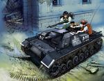  binoculars caterpillar_tracks character_request double_bun elbow_gloves glasses gloves ground_vehicle gun hat headphones kaja_kreutz katayama_makoto machine_gun maita_gaduwan mg34 military military_vehicle motor_vehicle multiple_girls official_art schaferhund self-propelled_gun sturmgeschutz_iii tank turretless_tank weapon 