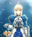  ahoge aoyama_sou armor armored_dress artoria_pendragon_(all) bad_id bad_pixiv_id blonde_hair blue_eyes dress excalibur fate/stay_night fate_(series) faulds gauntlets glowing green_eyes hair_ribbon hand_on_hilt juliet_sleeves light_particles long_sleeves puffy_sleeves ribbon saber solo sword weapon 
