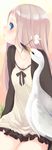  bird blue_eyes breasts cleavage collarbone dress flower highres itou_nanami jacket lips long_hair mouth_hold open_mouth original polka_dot polka_dot_dress sagiko silver_hair small_breasts solo 