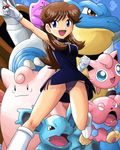  black_panties blastoise blue_(pokemon) blue_eyes boots brown_hair clefable ditto dress gloves jigglypuff legs lowres nidorina nintendo panties poke_ball pokeball pokemoa pokemon pokemon_(game) pokemon_frlg side-tie_panties soara underwear white_gloves 