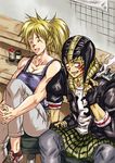  1girl bad_id bad_pixiv_id blonde_hair breasts cigarette cleavage closed_eyes dorohedoro jacket large_breasts laughing leather leather_jacket leg_hug long_hair muscle nikaidou_(dorohedoro) ponytail shinomiya_akino sitting smoking stool thirteen_(dorohedoro) 