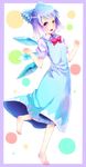  bad_id bad_pixiv_id barefoot blue_hair border cirno dress highres ice ice_wings iruma_(ikutomi) open_mouth purple_eyes solo touhou wings 