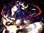  bad_id bad_pixiv_id crescent dress fire flame hat long_hair mizuki_(ekakichan) open_mouth patchouli_knowledge purple_eyes purple_hair smile solo touhou 