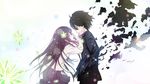  1girl black_hair chitanda_eru color_contrast gakuran gau_(artist) hands_on_another's_face highres hyouka long_hair oreki_houtarou school_uniform skirt 