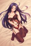  ahoge babydoll bed blush breasts cleavage garter_belt highres idolmaster idolmaster_(classic) lace lace-trimmed_thighhighs large_breasts lingerie lips long_hair miura_azusa nail_polish navel negligee niku_(kimagureya) off_shoulder purple_hair red_eyes ribbon smile solo thighhighs underwear 