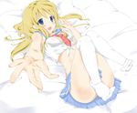  between_breasts blonde_hair blue_eyes blush breasts convenient_leg crop_top foreshortening front-tie_top k-on! kotobuki_tsumugi long_hair lying midriff necktie open_mouth outstretched_hand ronto sailor_collar shirt tied_shirt 